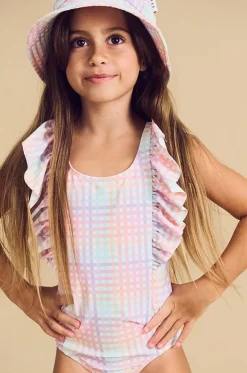 Girls Rainbow Check Frill One Piece