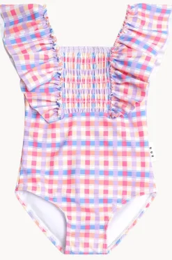 Girls Rainbow Check Shirred Frill One Piece