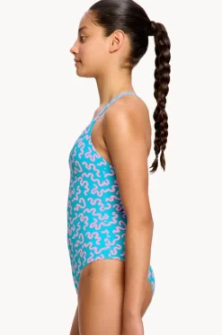 Girls Wavy Blue Cross Back One Piece