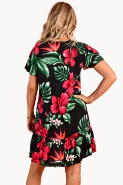 Pink Hibiscus Cap Sleeve Button Dress