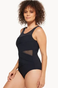 Plain Mesh Pleated High Neck One Piece