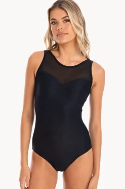 Plain Textured Mesh High Neck One Piece